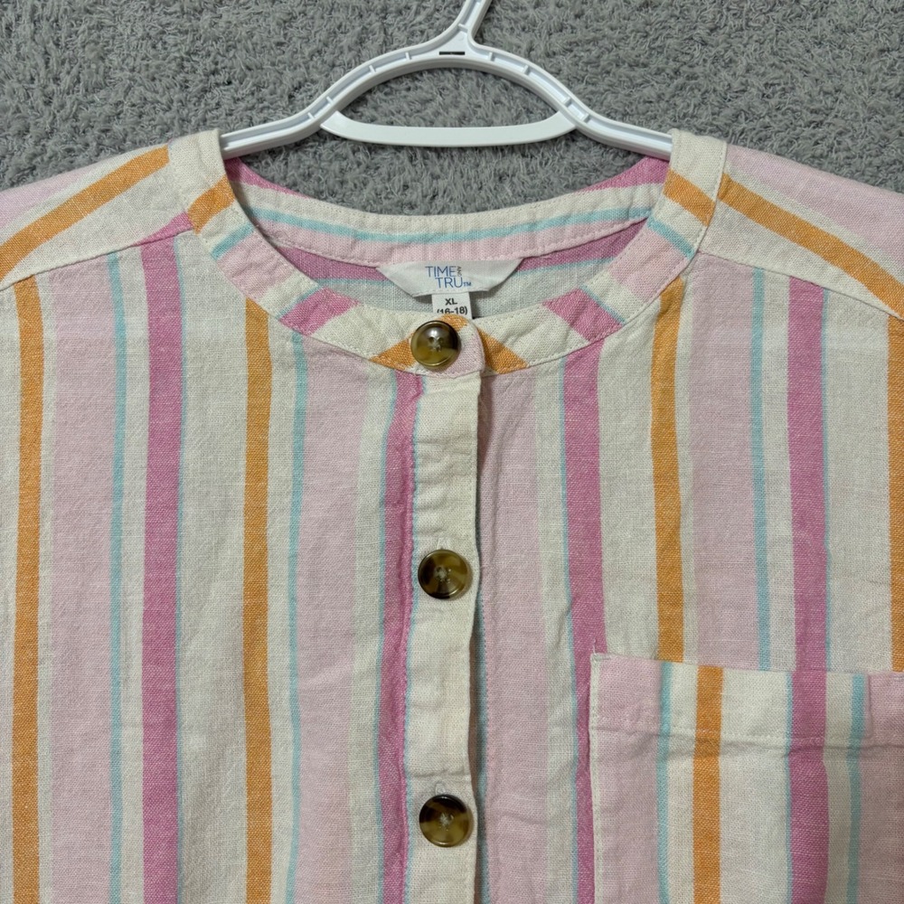 Striped Linen Blend Shirt Dress XL 16-18 Tie Waist Pockets - Picture 3 of 13